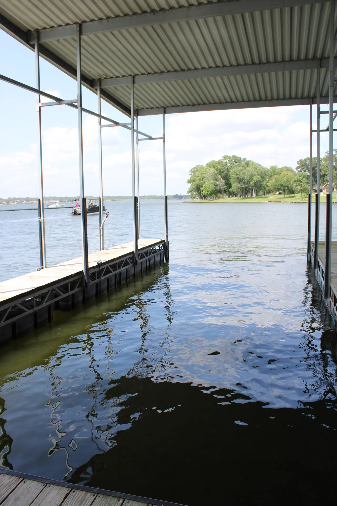 The view down C Dock to open Lake Conroe