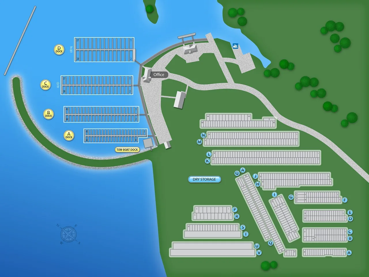 Illustrated site map of The Palms Marina on Lake Conroe — the A, B, C, and D docks in the protected basin, the office, tow boat dock, and dry storage